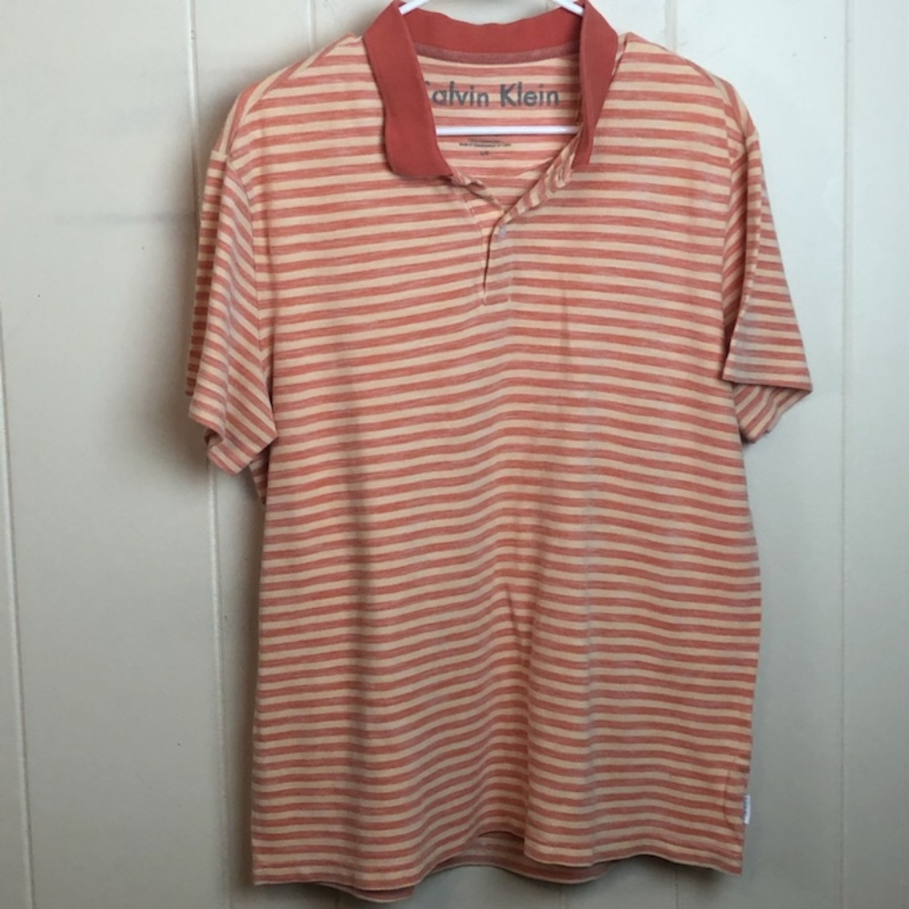 Calvin Klein Polo Shirt Sz L Large Knit Striped Orange Henley